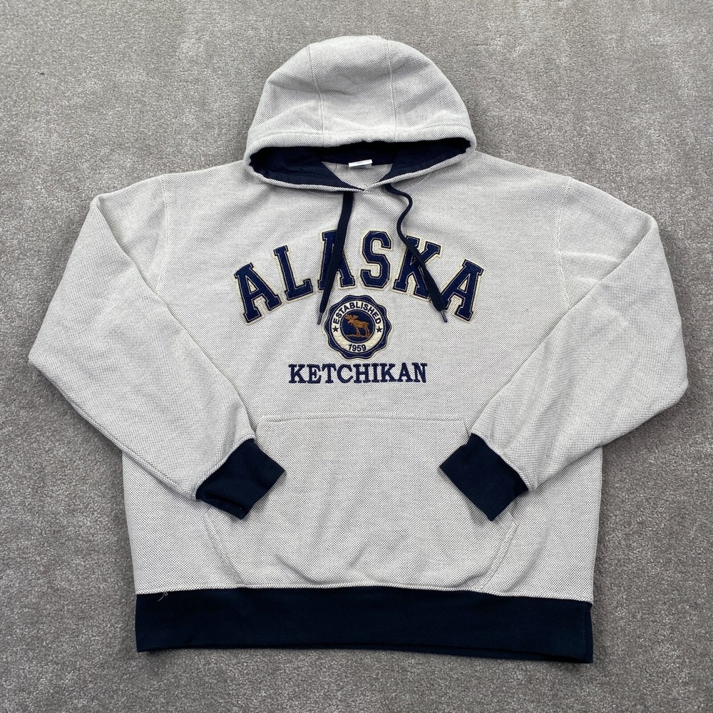 Alaska Ketchikan Embroidered Hoodies Sweatshirt Crazy Apparel Men's Size L Ivory